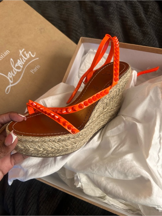 Christian Louboutin Shoes - Christian Louboutin Bright Orange Studded Espadrille Wedge Sandals